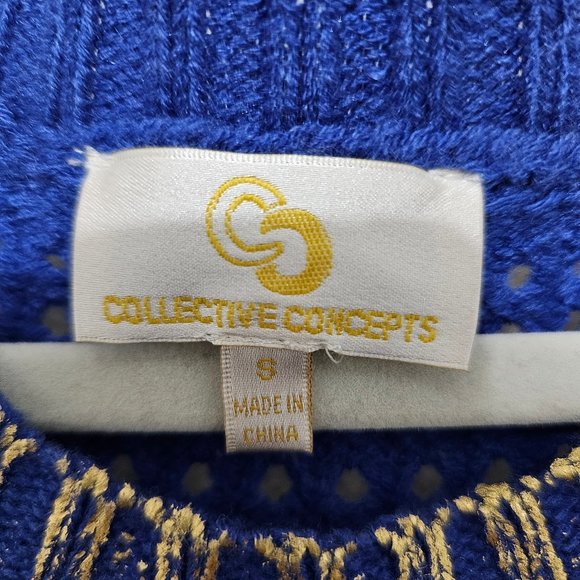 Collective Concepts Women's Blue with Metallic Gold Open Knit Sweater Size Small - Picture 4 of 5
